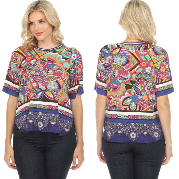 JOHNNY WAS The Janie Favorite Oversized Cropped Tee Multicolor Crew Neck Large - Picture 4 of 17